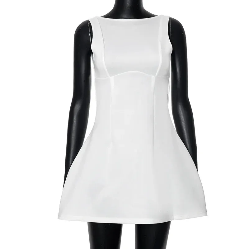 Solid color round neck sleeveless backless dress