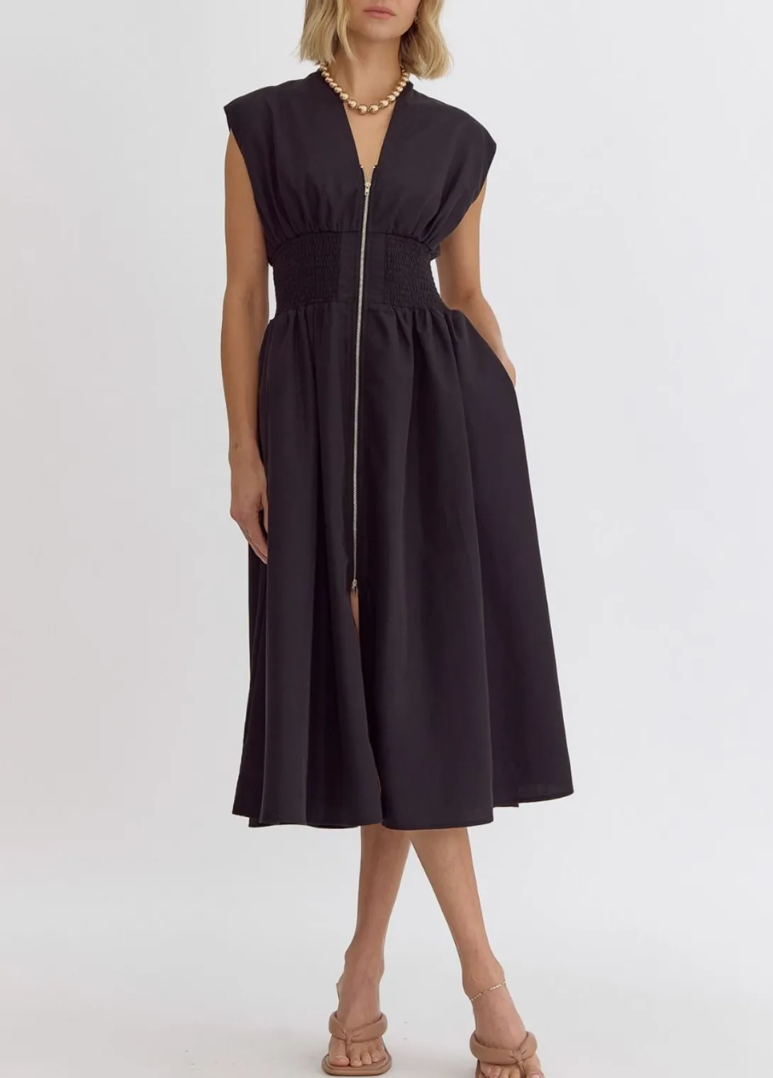 Solid V-Neck Sleeveless Midi Dress