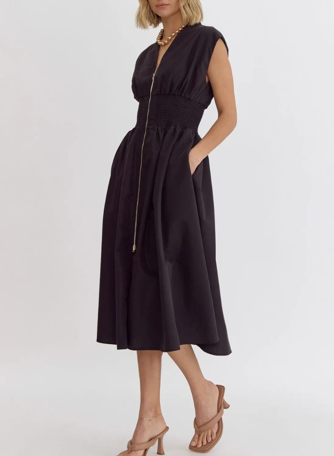 Solid V-Neck Sleeveless Midi Dress