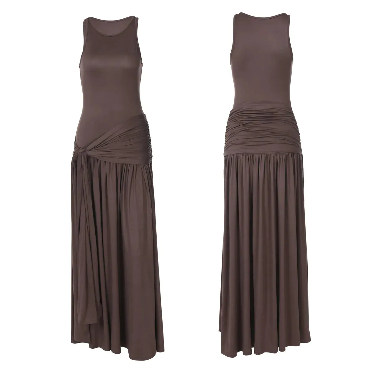 Spliced Ribbon Ruffle Solid Color Dress