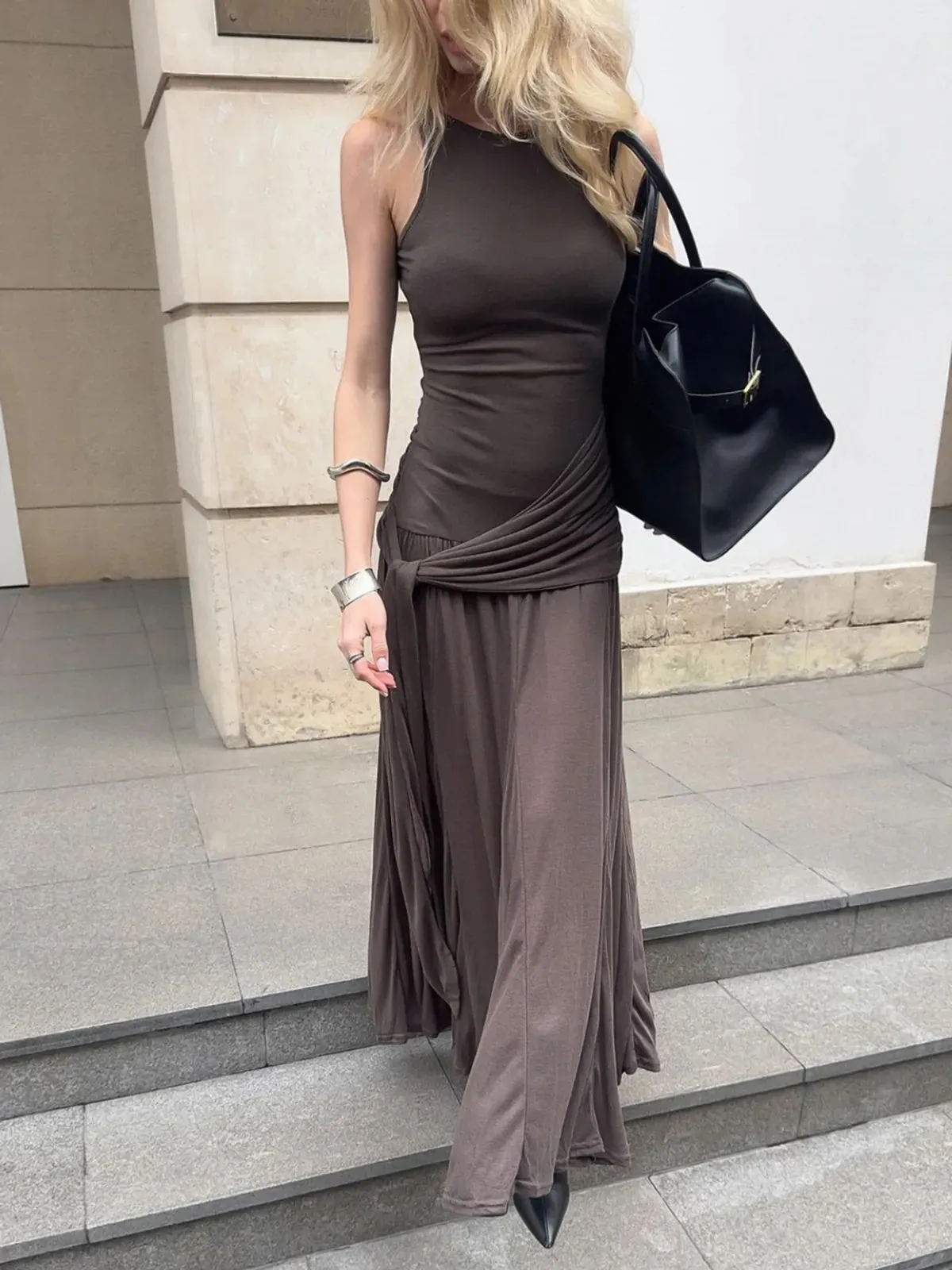 Spliced Ribbon Ruffle Solid Color Dress