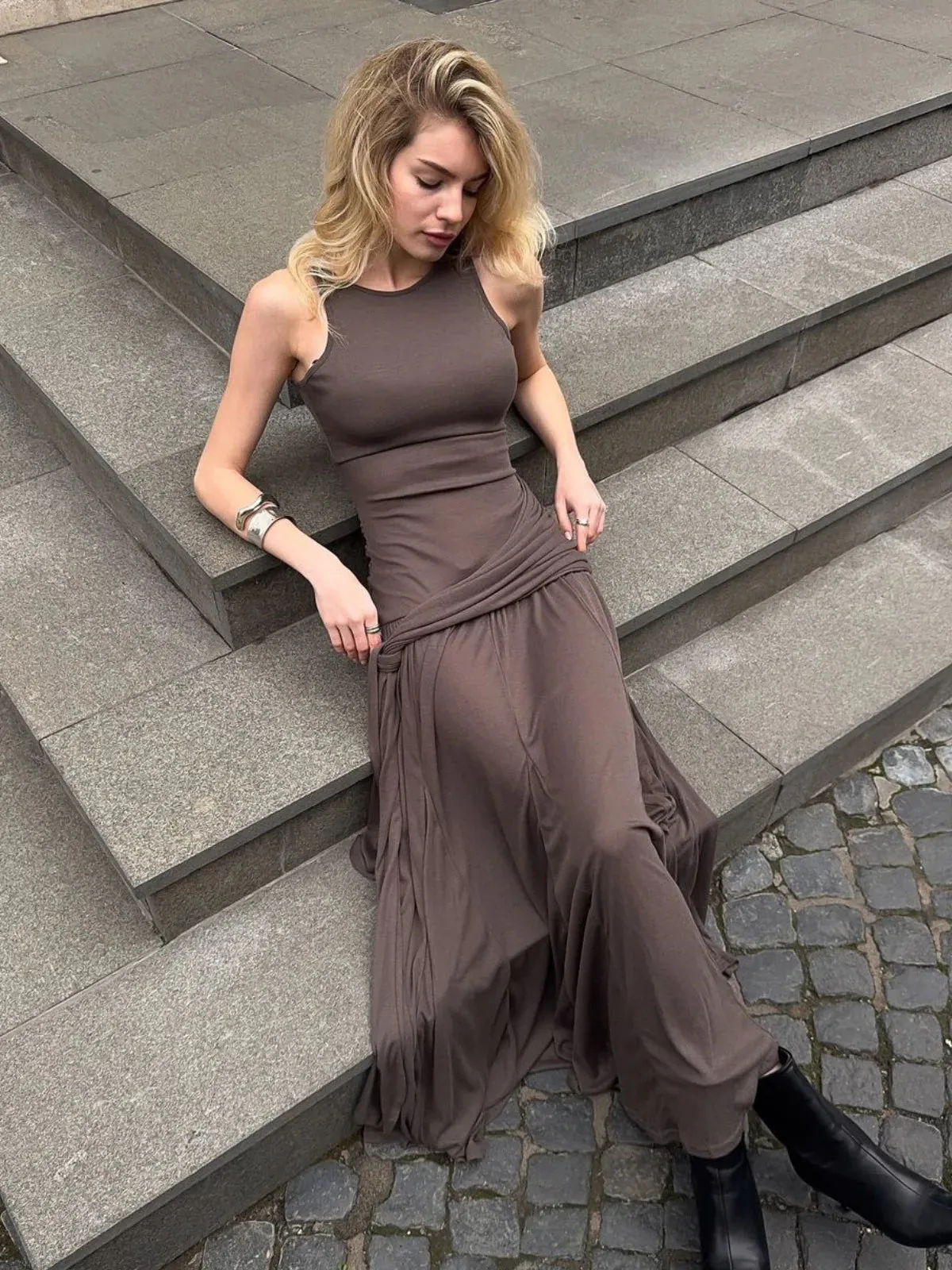 Spliced Ribbon Ruffle Solid Color Dress