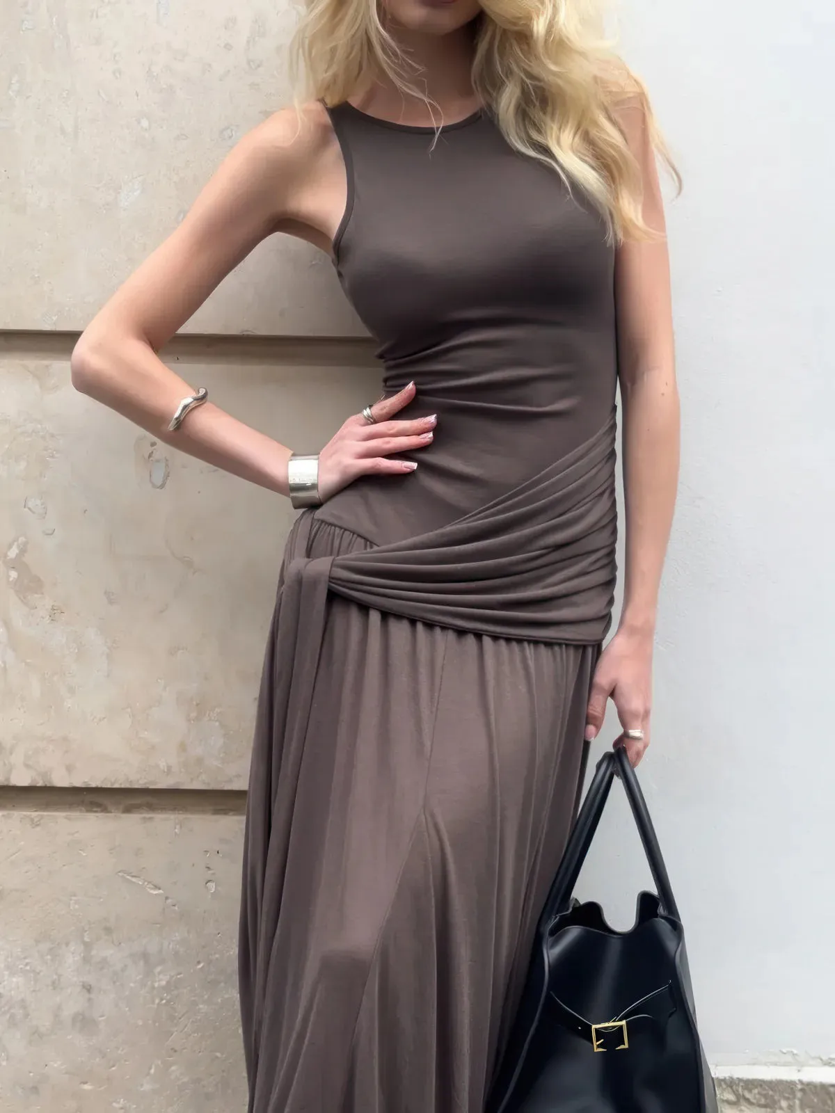 Spliced Ribbon Ruffle Solid Color Dress
