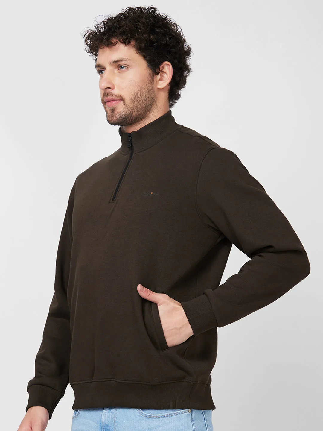 Spykar High Neck Full Sleeve Green Sweatshirt For Men