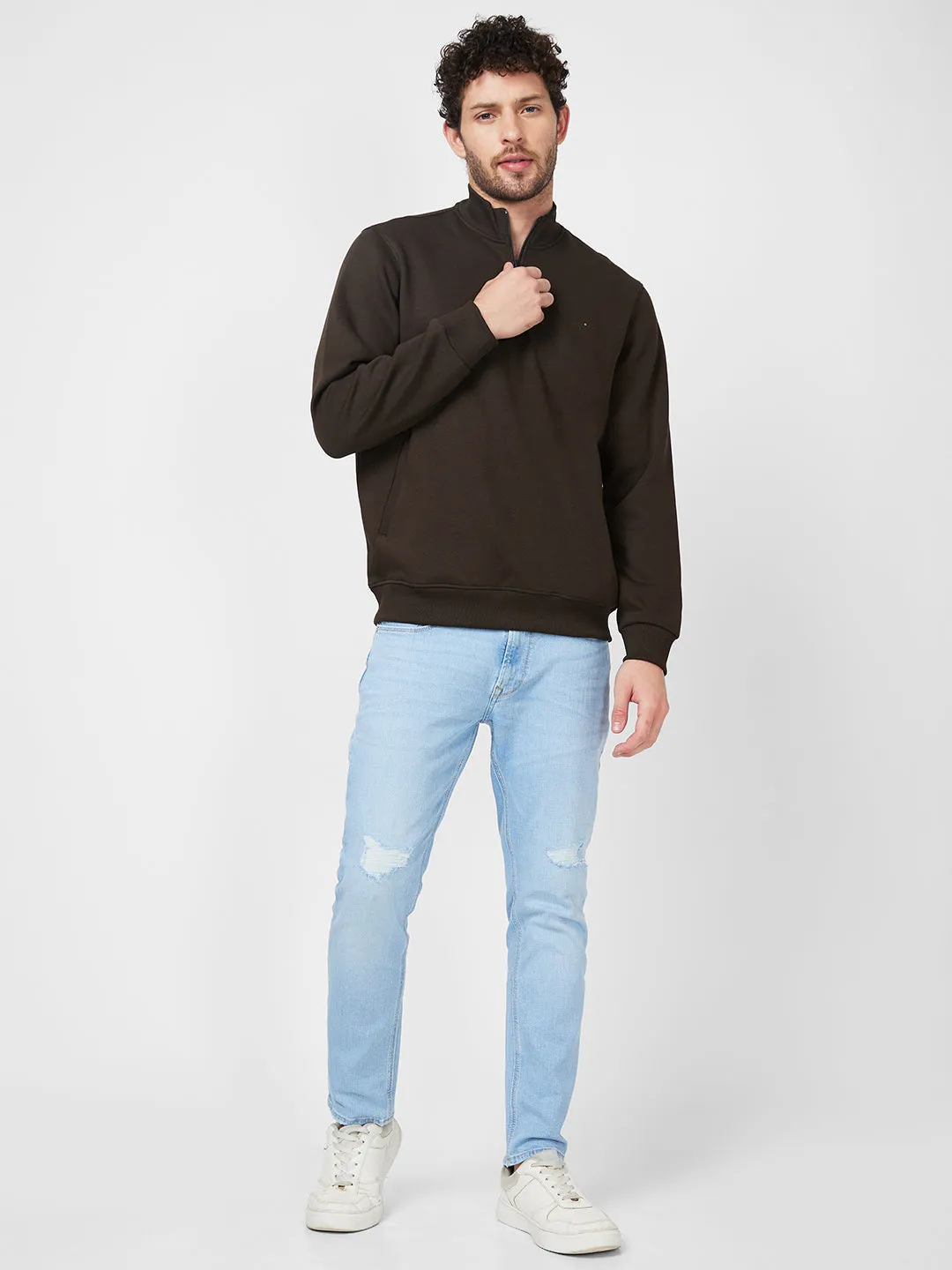 Spykar High Neck Full Sleeve Green Sweatshirt For Men