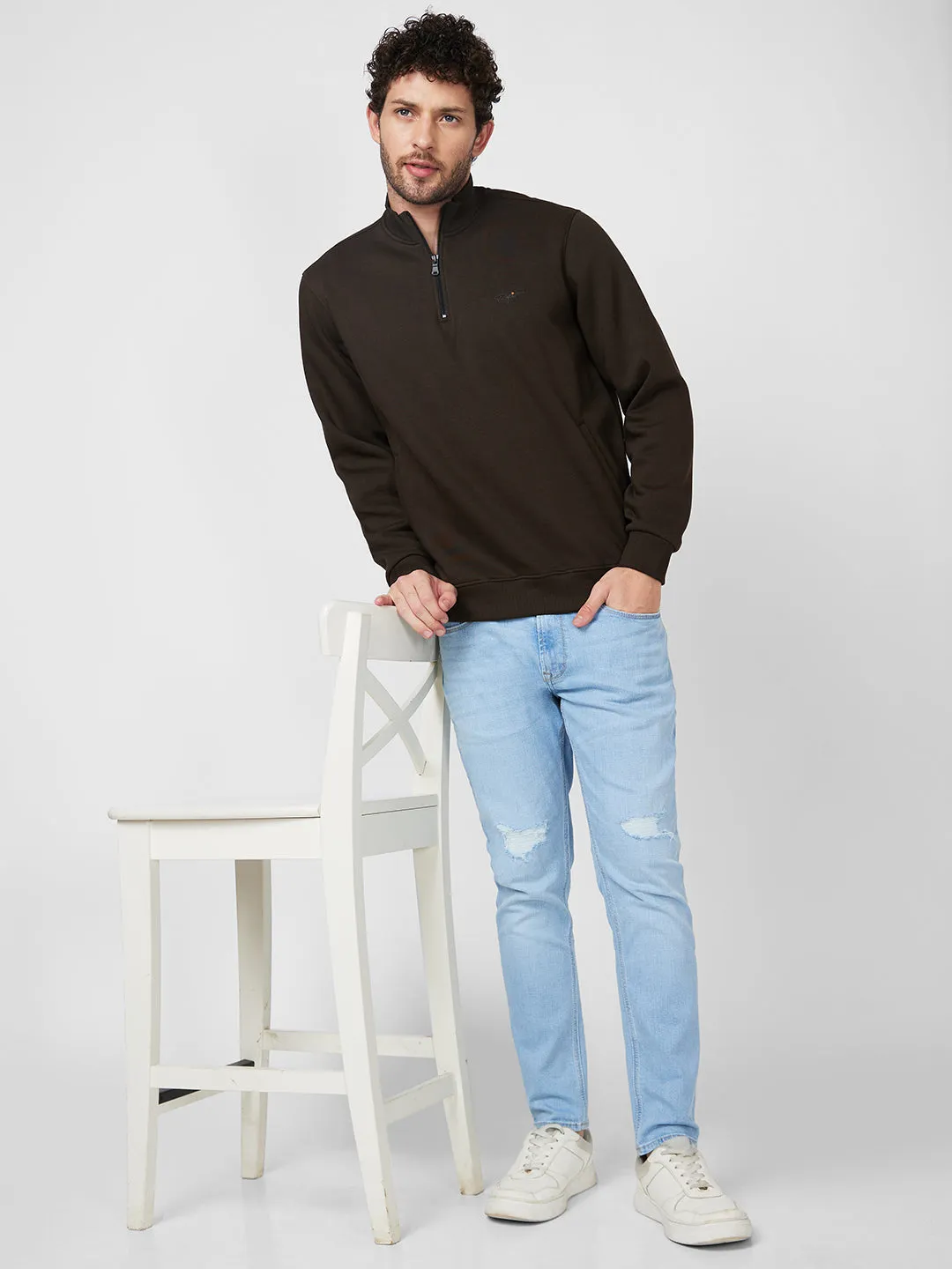 Spykar High Neck Full Sleeve Green Sweatshirt For Men