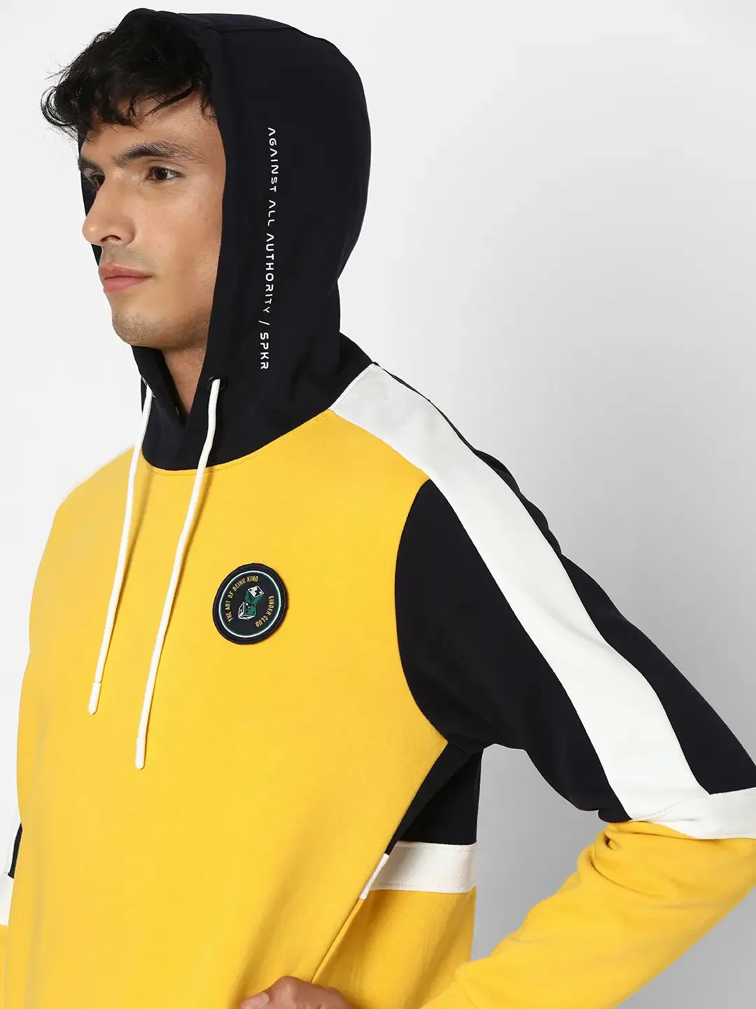 Spykar Men Chrome Yellow Blended Regular Fit Full Sleeve Hooded Printed Casual Sweatshirt