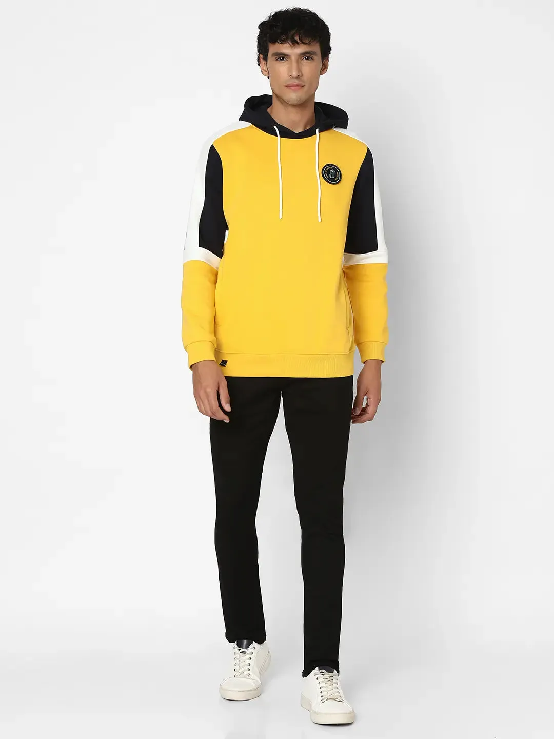 Spykar Men Chrome Yellow Blended Regular Fit Full Sleeve Hooded Printed Casual Sweatshirt