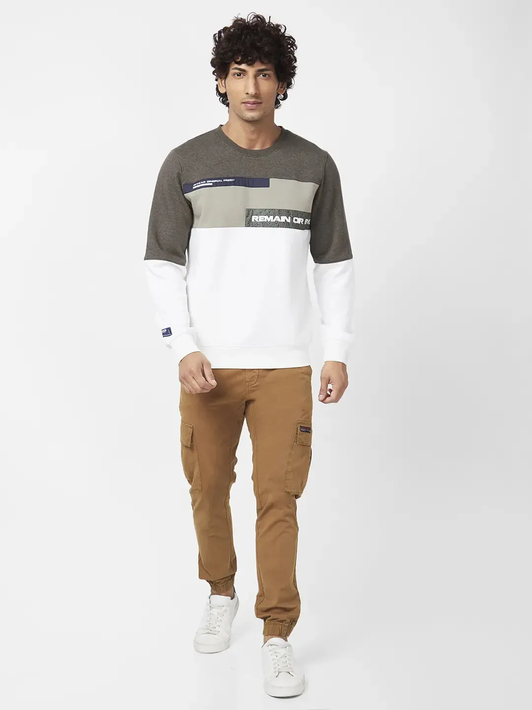 Spykar Men Military Green Blended Slim Fit Full Sleeve Round Neck Colourblock Sweatshirt