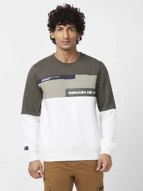 Spykar Men Military Green Blended Slim Fit Full Sleeve Round Neck Colourblock Sweatshirt