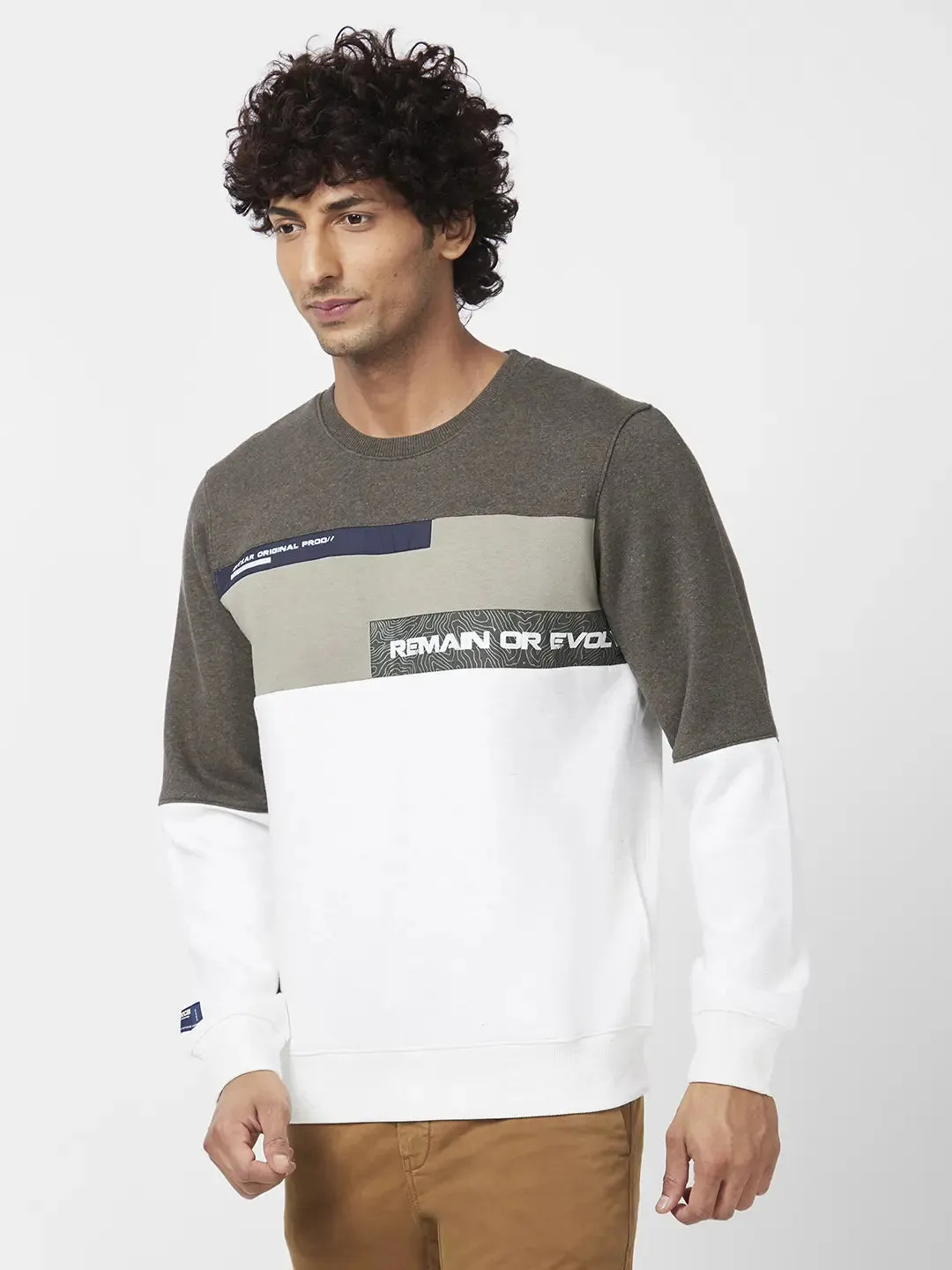 Spykar Men Military Green Blended Slim Fit Full Sleeve Round Neck Colourblock Sweatshirt