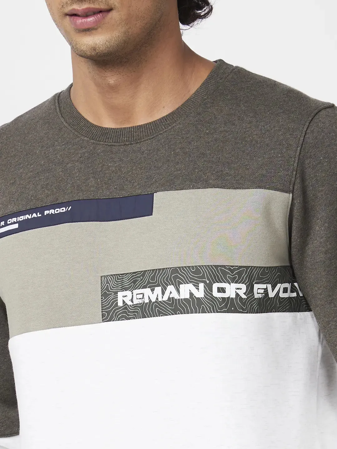 Spykar Men Military Green Blended Slim Fit Full Sleeve Round Neck Colourblock Sweatshirt