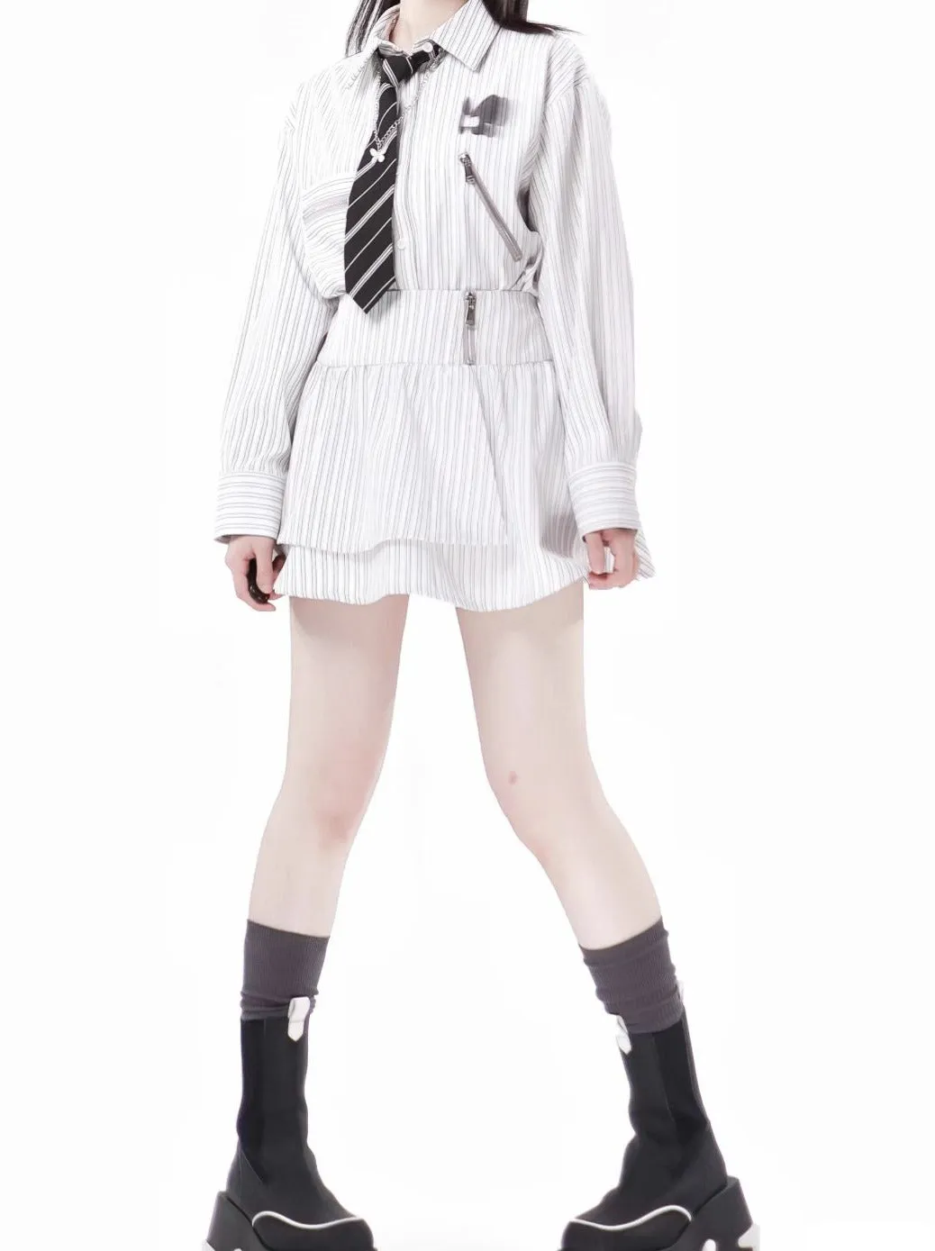 Stripe   Shirt Casual Street Lazy Skirt Retro