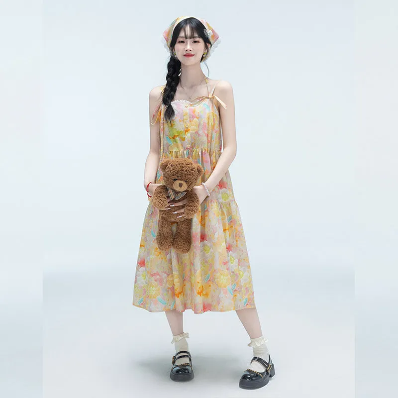 Sweet Girl Style Colorful Floral Suspender Dress