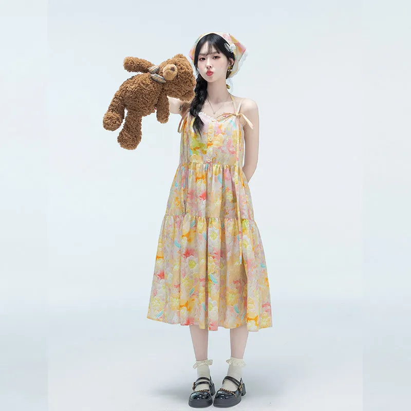 Sweet Girl Style Colorful Floral Suspender Dress