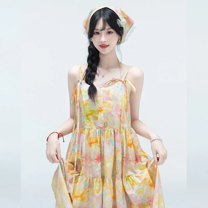 Sweet Girl Style Colorful Floral Suspender Dress