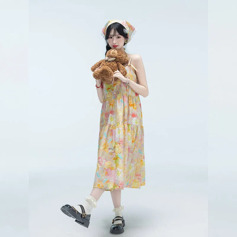 Sweet Girl Style Colorful Floral Suspender Dress