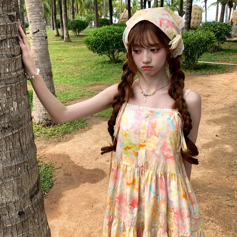 Sweet Girl Style Colorful Floral Suspender Dress