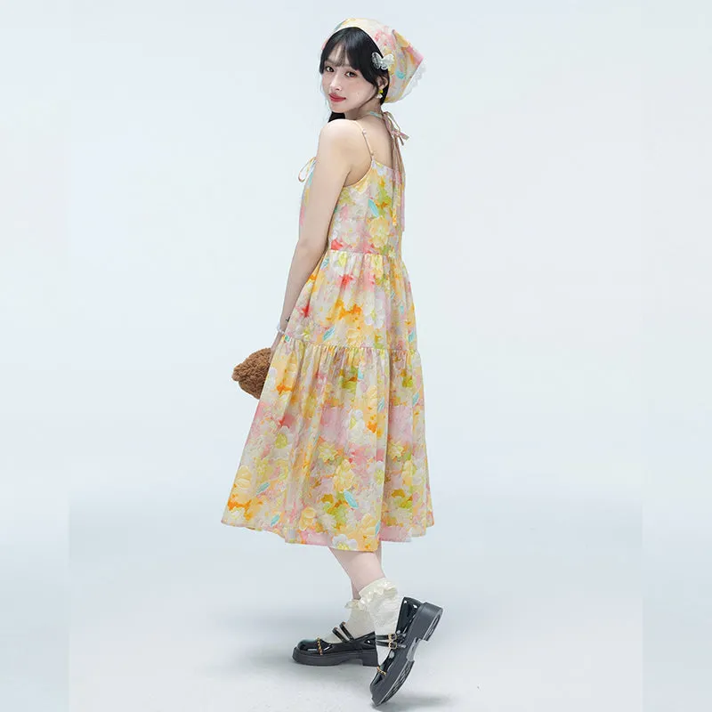 Sweet Girl Style Colorful Floral Suspender Dress