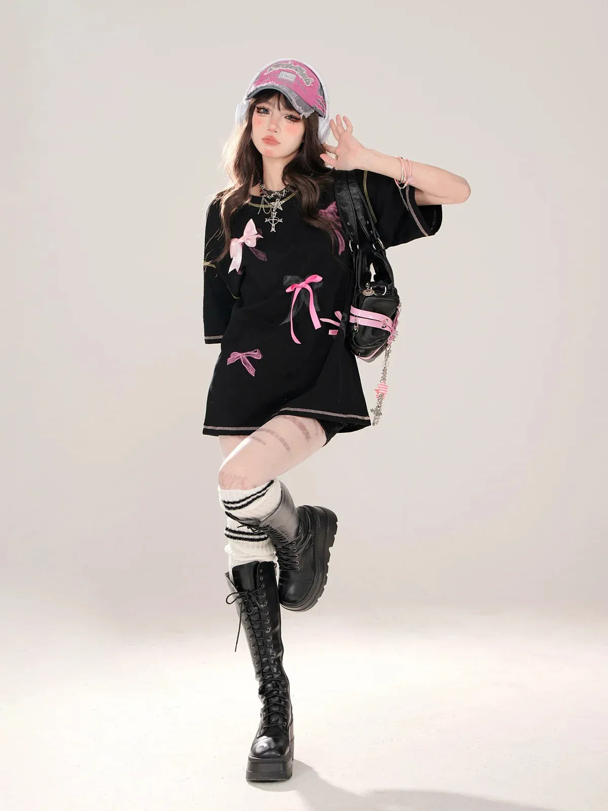 T-Shirt Street Round Print Ribbon American Deco Neck Loose