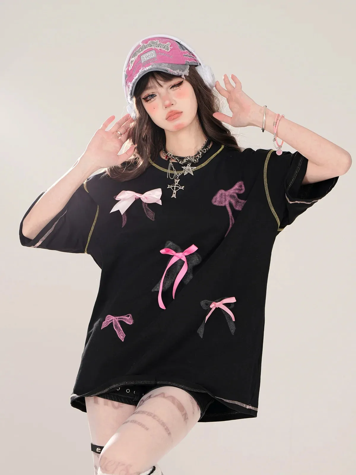 T-Shirt Street Round Print Ribbon American Deco Neck Loose