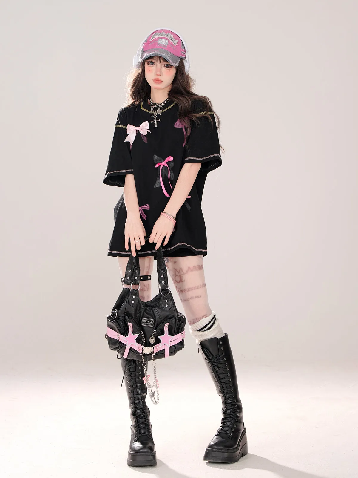 T-Shirt Street Round Print Ribbon American Deco Neck Loose