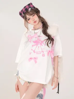 T-Shirt Street Round Print Ribbon American Deco Neck Loose
