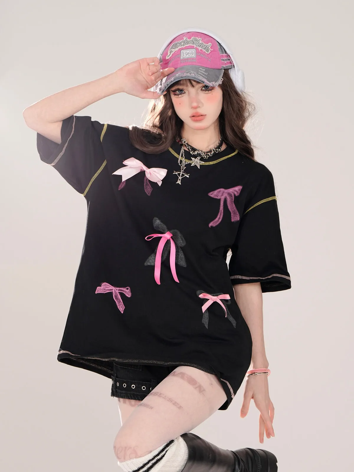 T-Shirt Street Round Print Ribbon American Deco Neck Loose