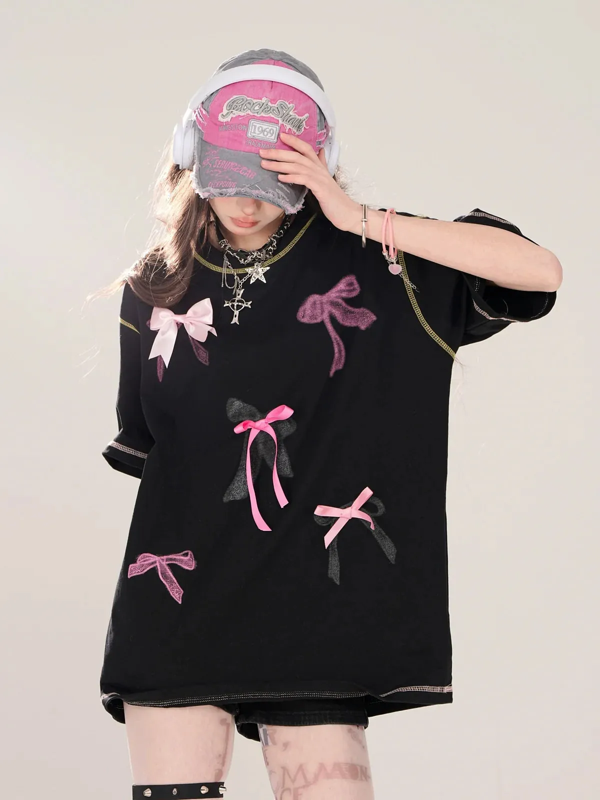 T-Shirt Street Round Print Ribbon American Deco Neck Loose