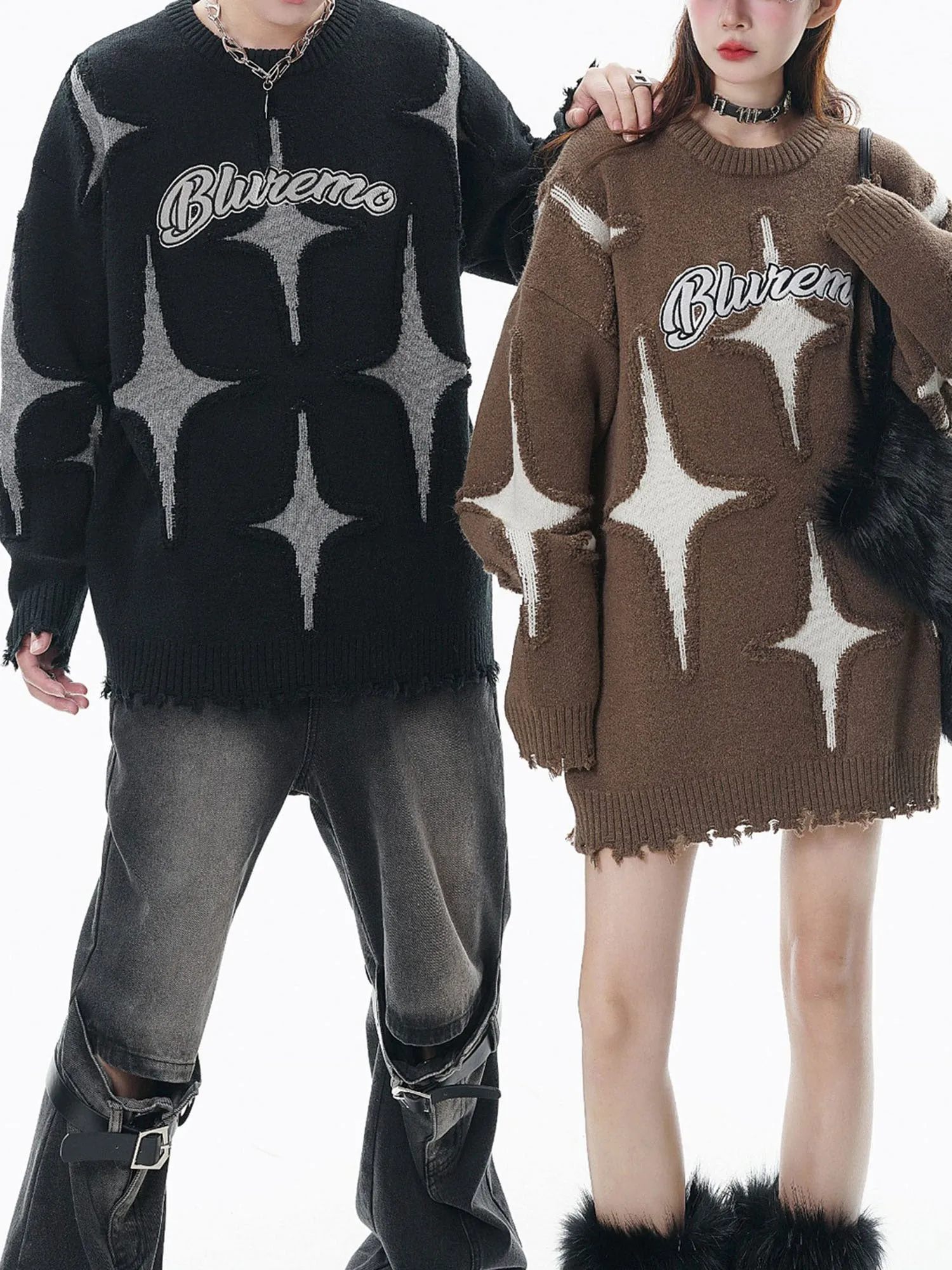 Thesupermade Maillard Star Contrast Tassel Ripped Sweater - 1909