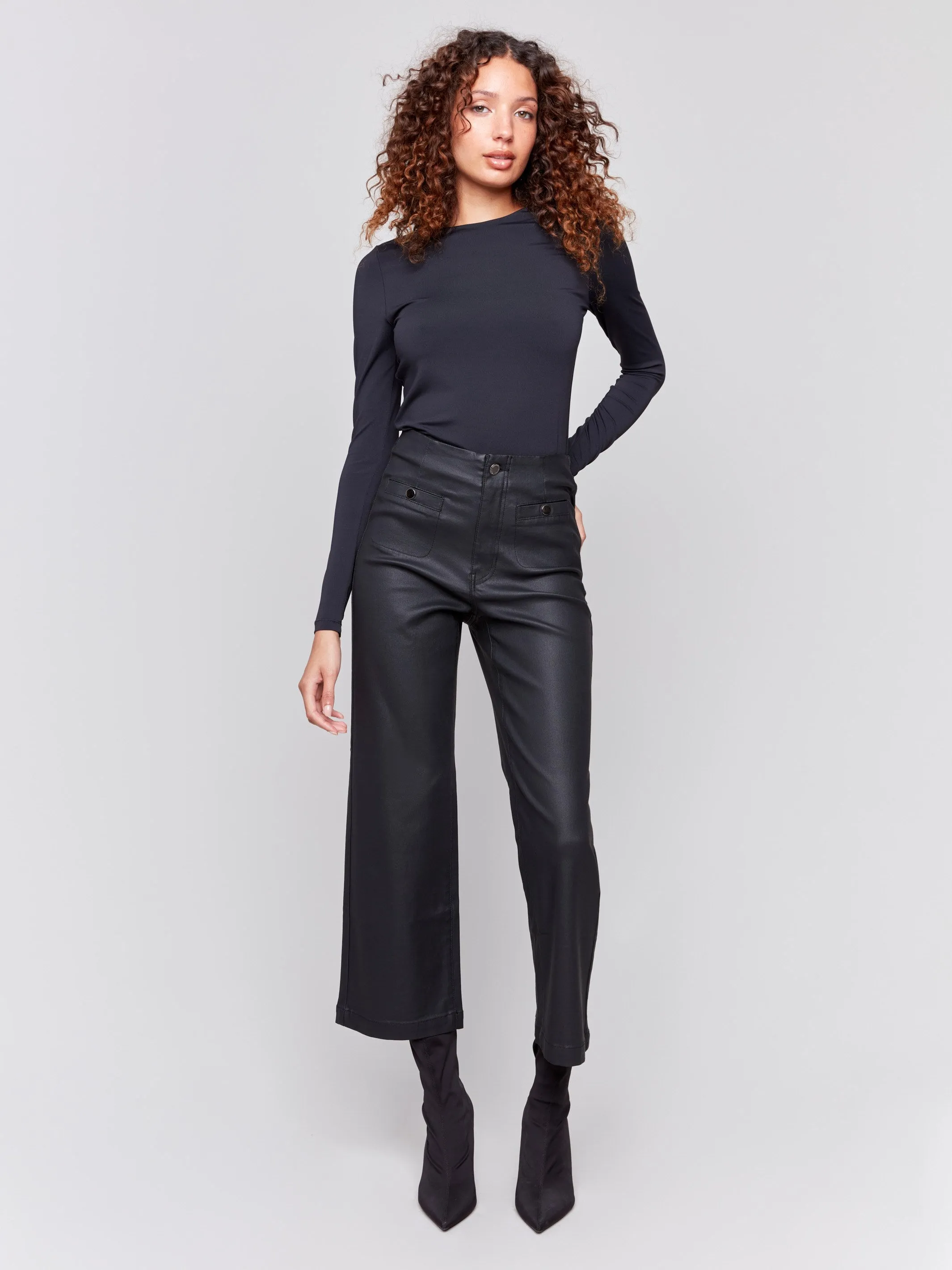 Black Flared Wax-Coated Pants