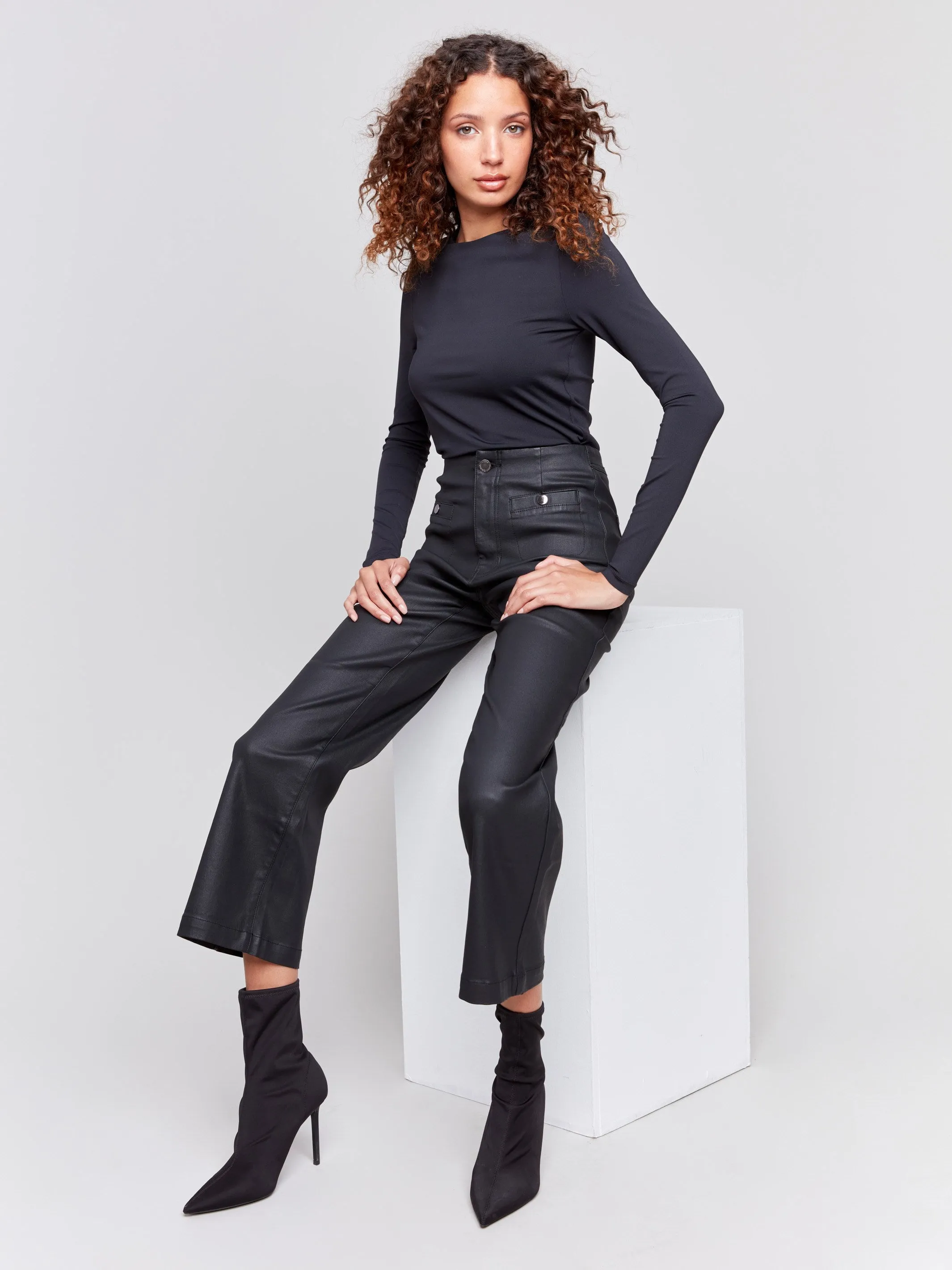 Black Flared Wax-Coated Pants